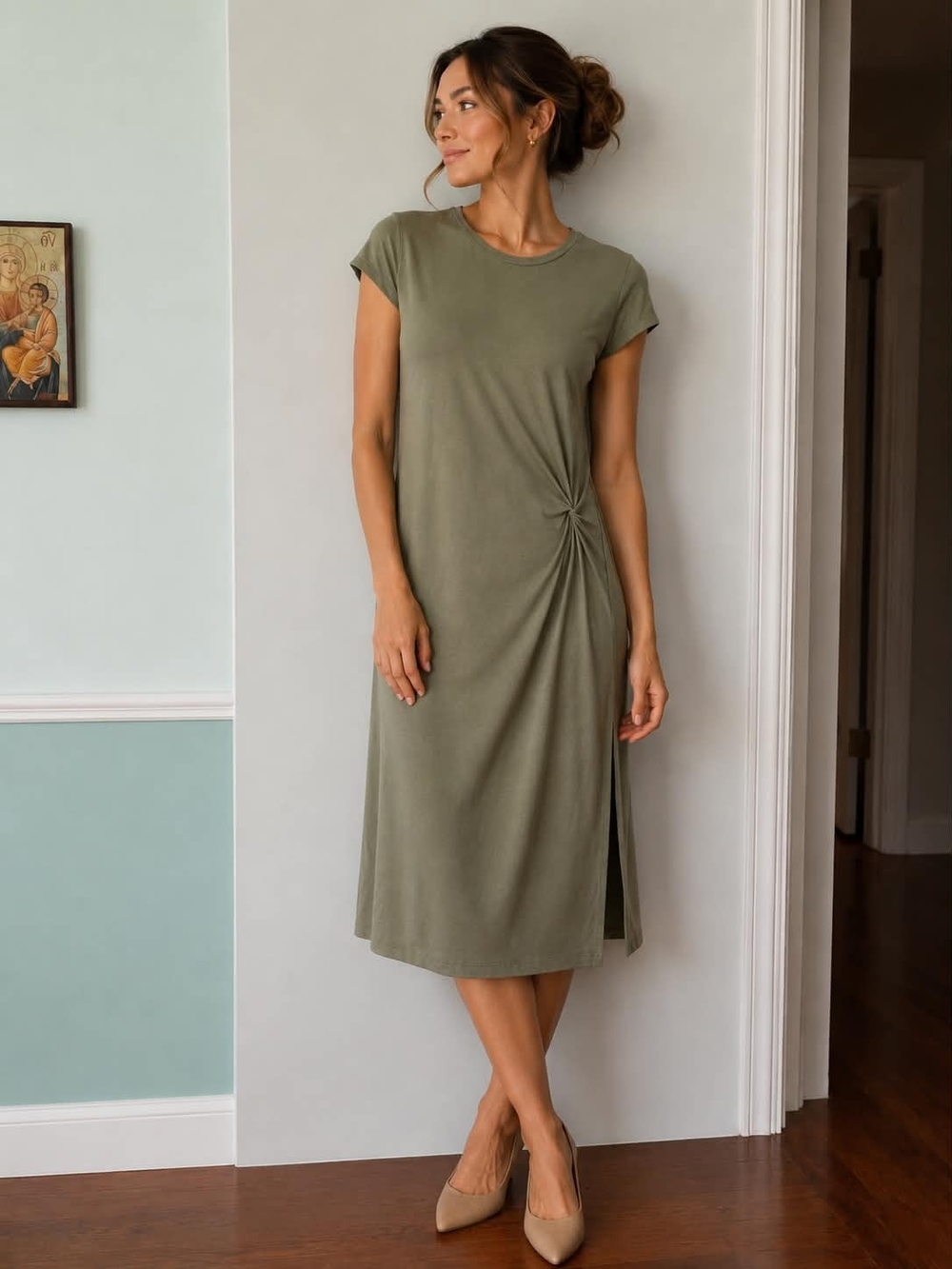 Side-Knot Short Sleeve Midi Dress in Olive